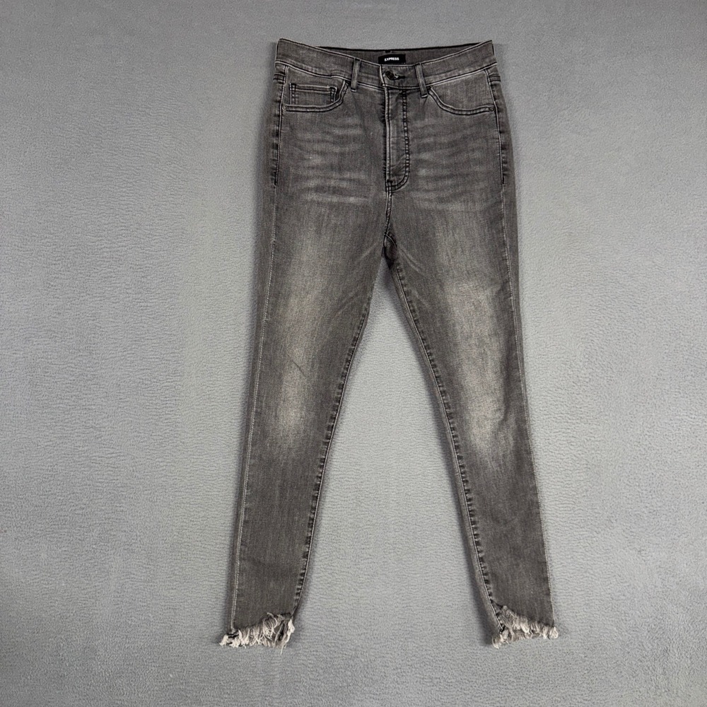 Express Jeans Womens 6 Gray High Rise Skinny Hyper Stretch Raw Frayed Hem Denim